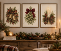 Set of 3 Vintage Christmas Prints - Tartan Bells, Mistletoe & Candle Wall Art