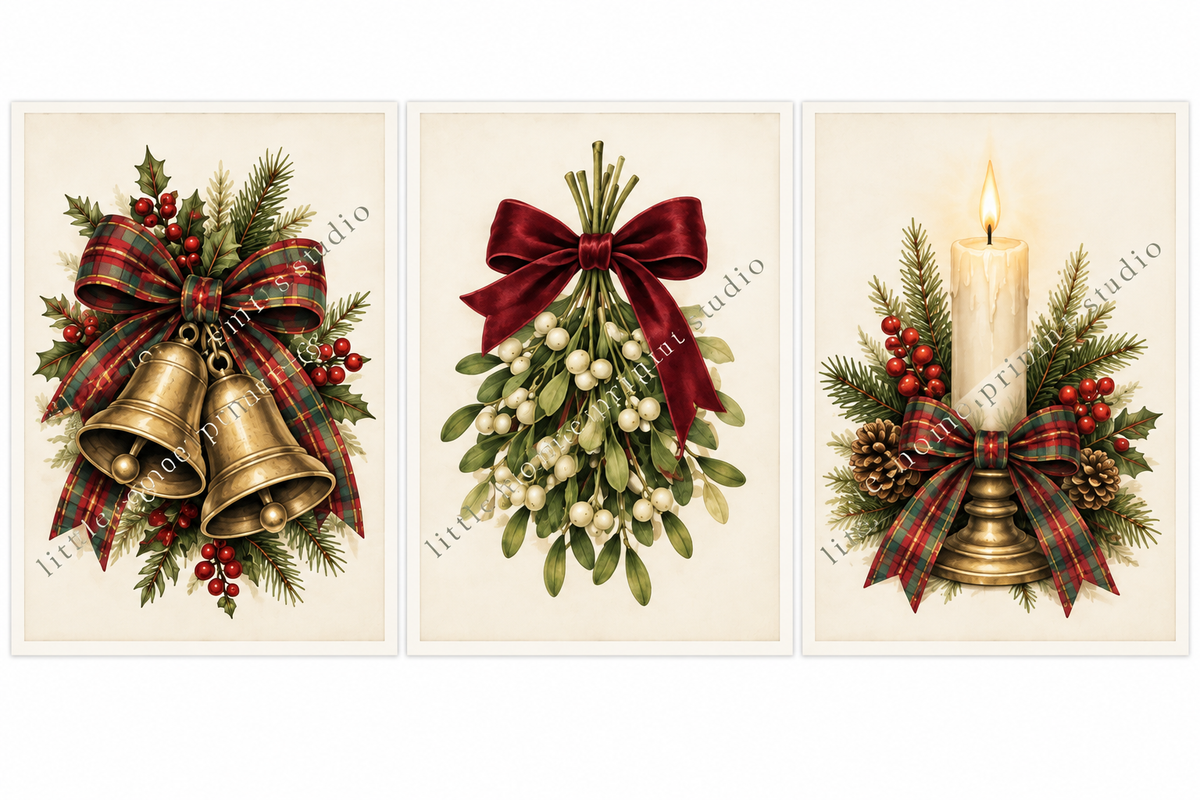 Set of 3 Vintage Christmas Prints - Tartan Bells, Mistletoe & Candle Wall Art