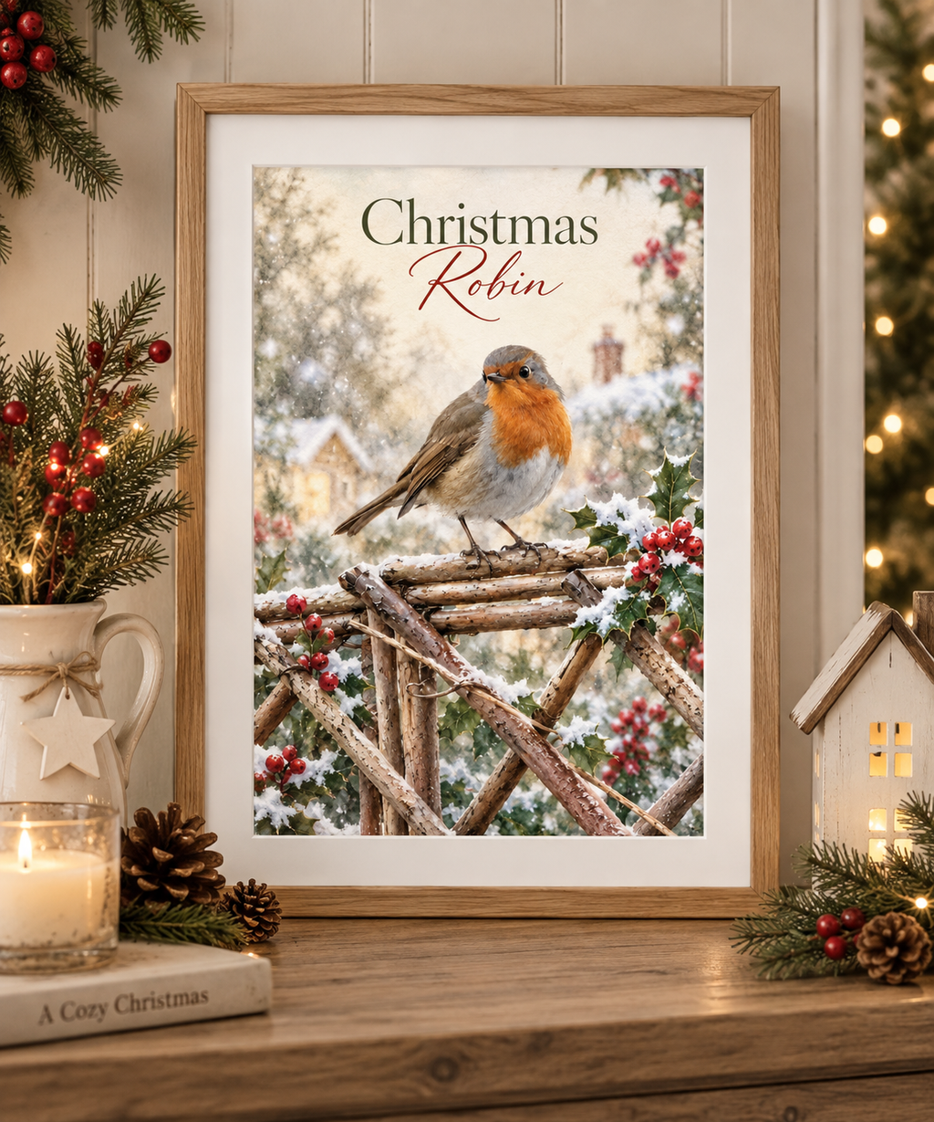 Christmas Robin Wall Art Print – Festive Winter Christmas Decor